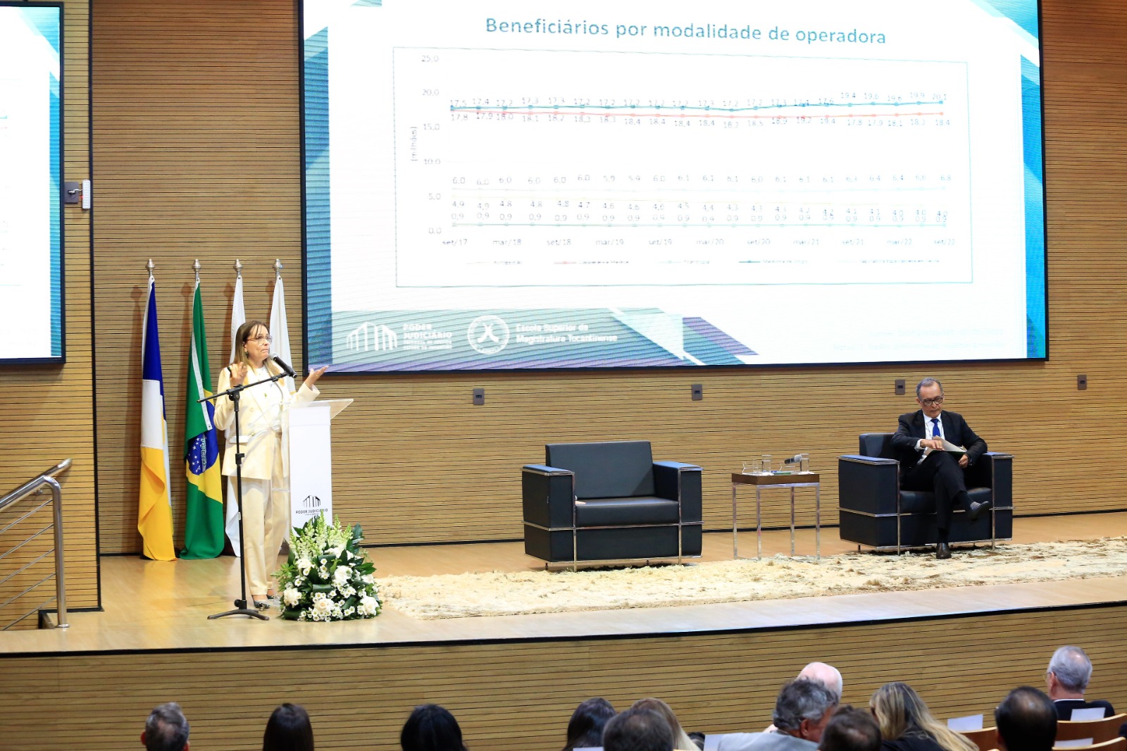 Imagem colorida de uma mulher falando ao microfone durante palestra em evento fechado