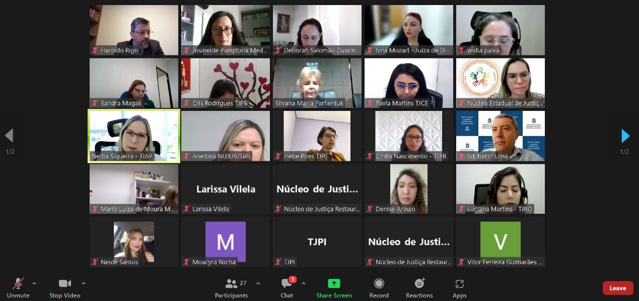 Print de tela da reunião virtual com os rostos de diversos representantes de seus respectivos Tribunais 