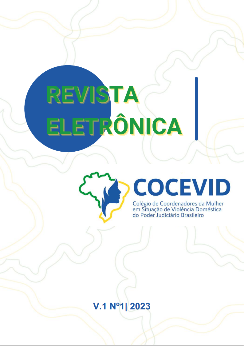 Arte com fundo branco, um círculo azul  escrito revista eletrônica; e a logomarca da Cocevid