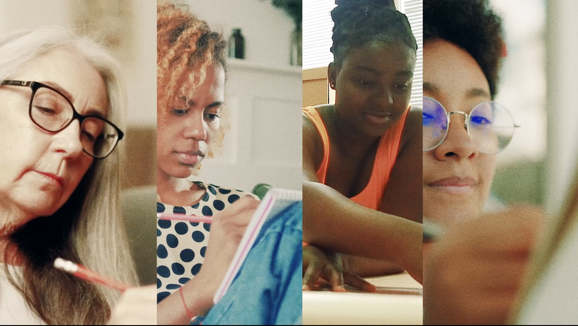 Imagem colorida com fotografias de mulheres negras e uma pessoa idosa desenhando com lápis