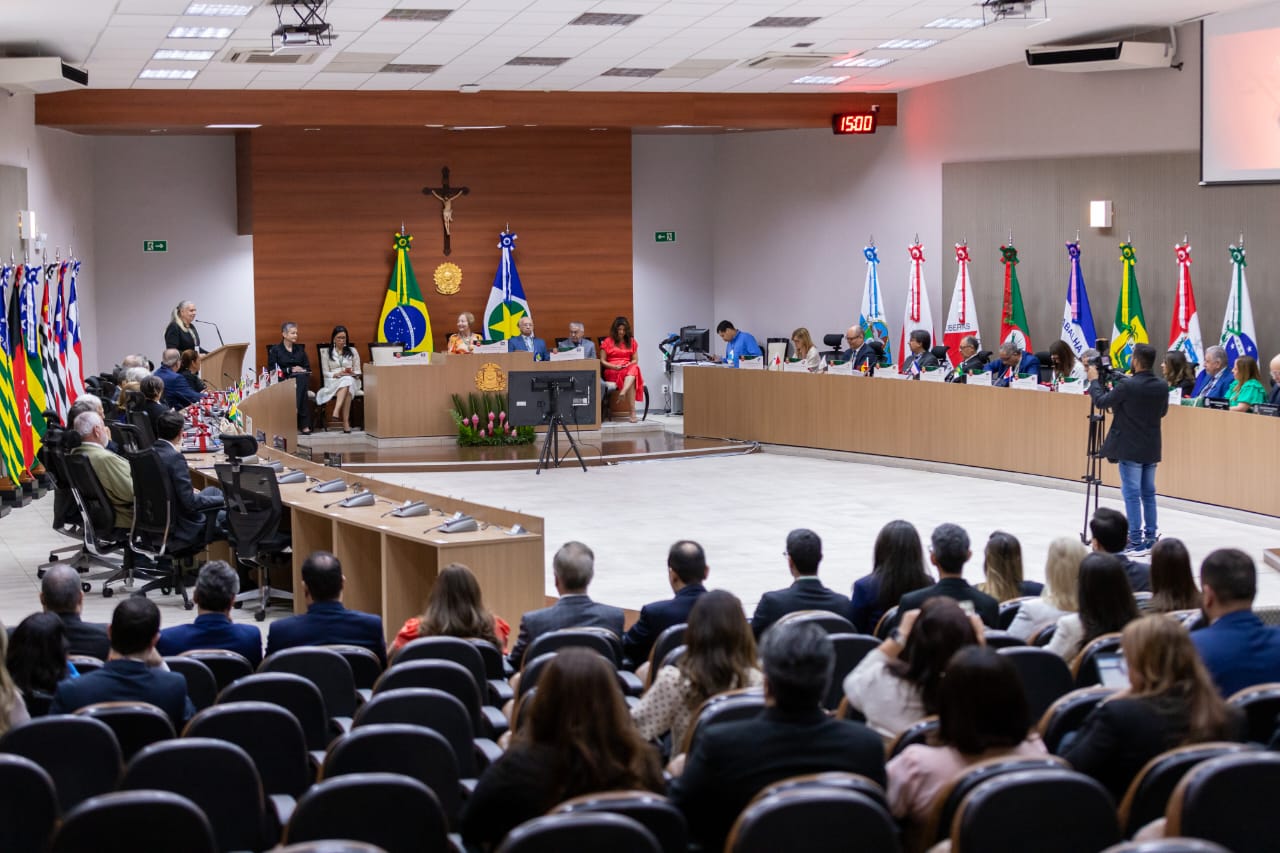 Imagem mostra um auditório com várias cadeiras, com pessoas sentadas e à frente uma mesa em formato de U com várias pessoas sentadas; atrás bandeiras do Brasil e dos estados