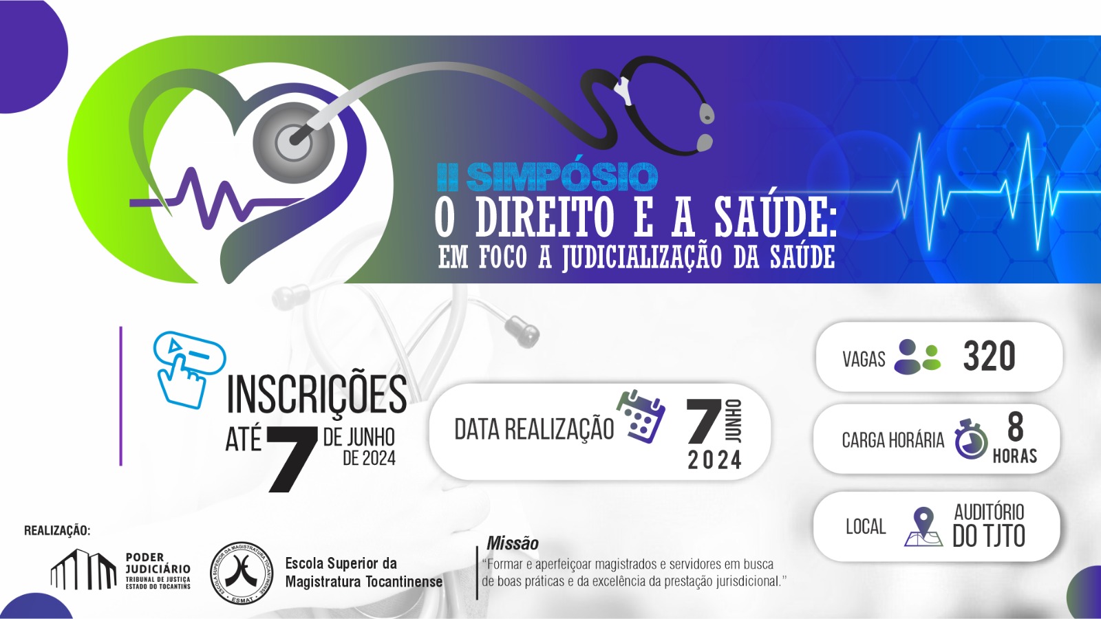 Arte de divulgação do Simpósio O Direito e a Saúde nas cores cinza, azul, roxo e verde