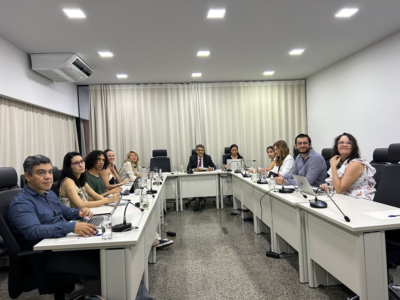 Homens e mulheres sentados em torno de mesa branca em formato U, com microfones individuais, durante reunião sobre pessoas com transtorno mental em conflito com a lei, numa sala de paredes brancas com cortina branca