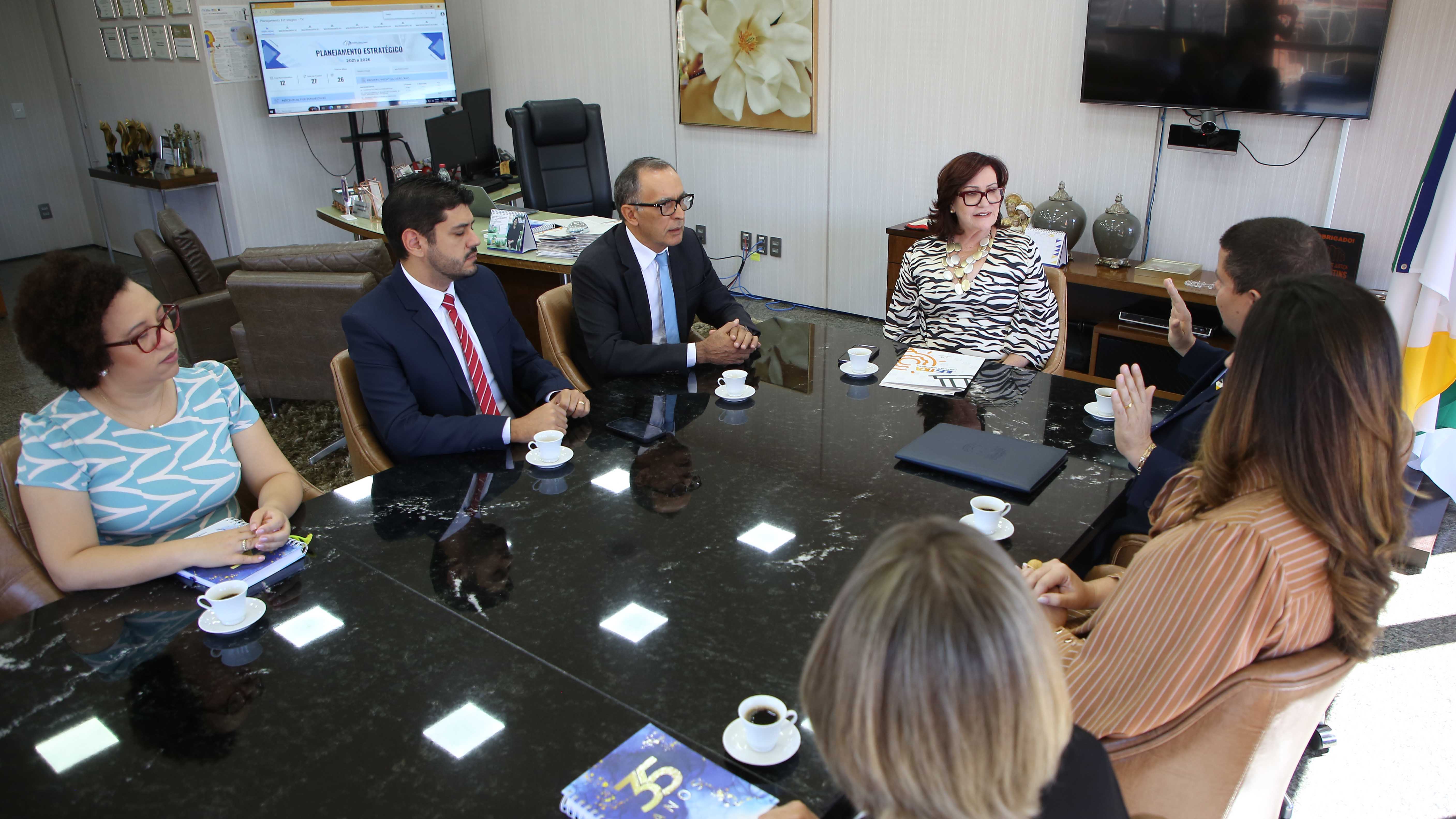 Imagem colorida que mostra quatro mulheres e três homens sentados em volta de uma mesa, debatendo assuntos em reunião