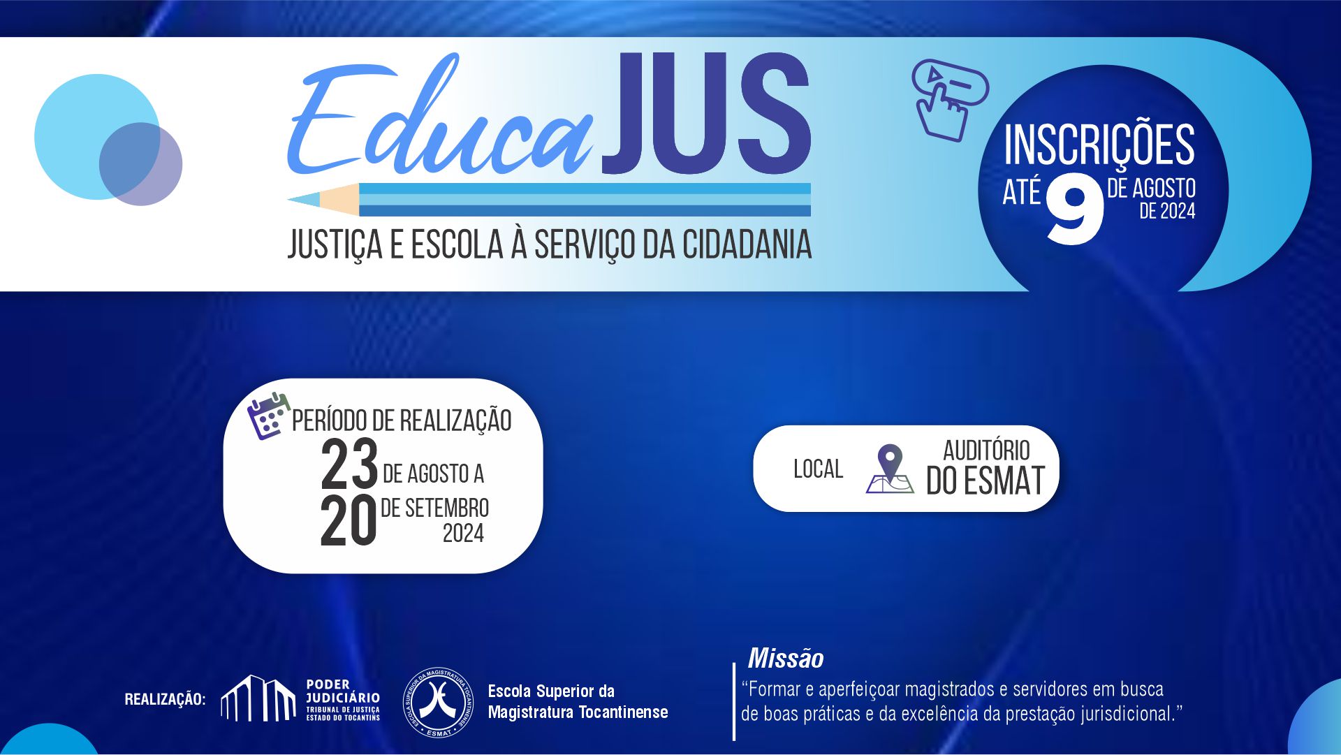 Imagem em tons azuis com inscritos sobre curso de cidadania e justiça nas escolas