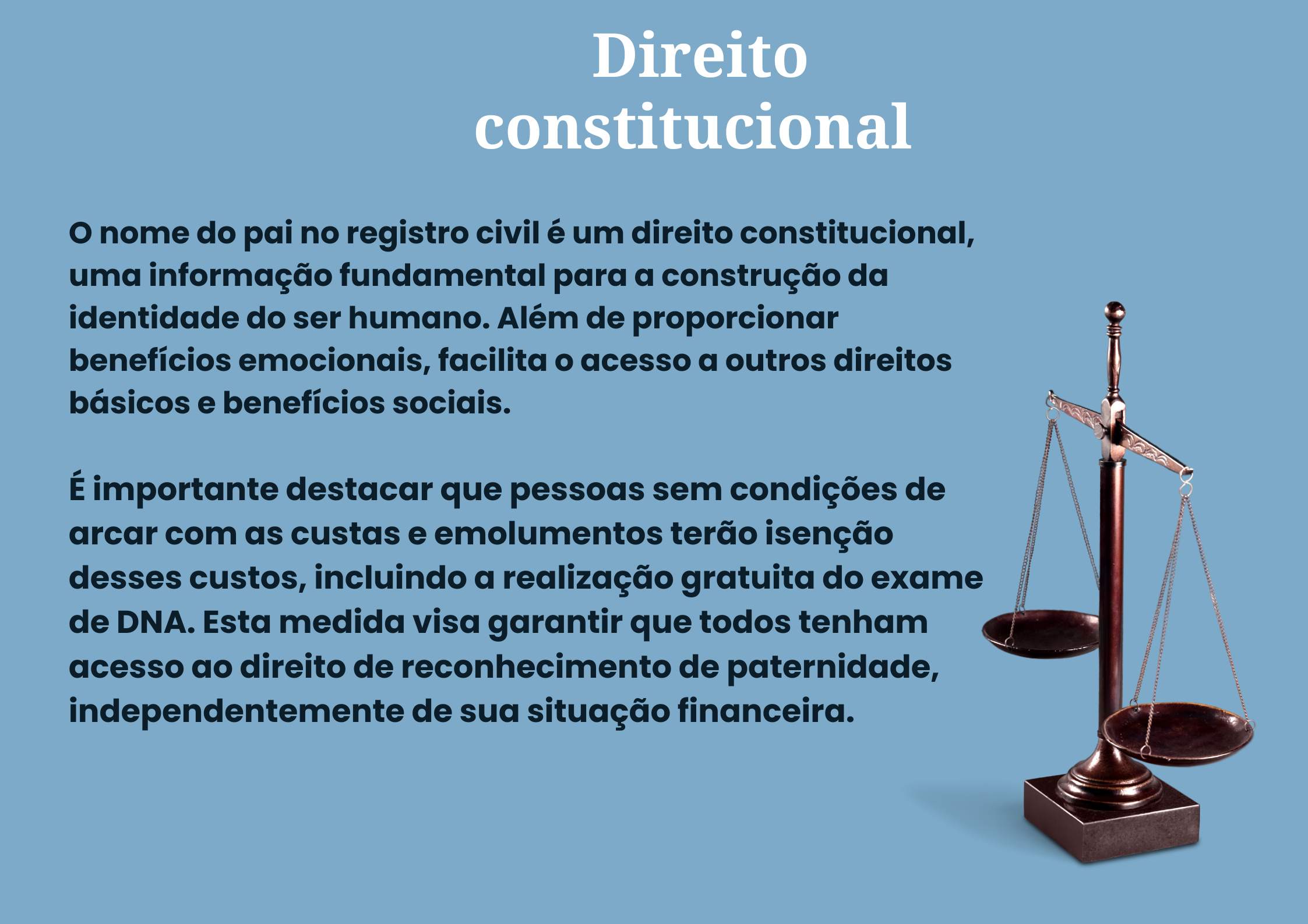 Imagem colorida que mostram em formato de card com um símbolo da justiça, os direitos constitucionais de pais e filhos 