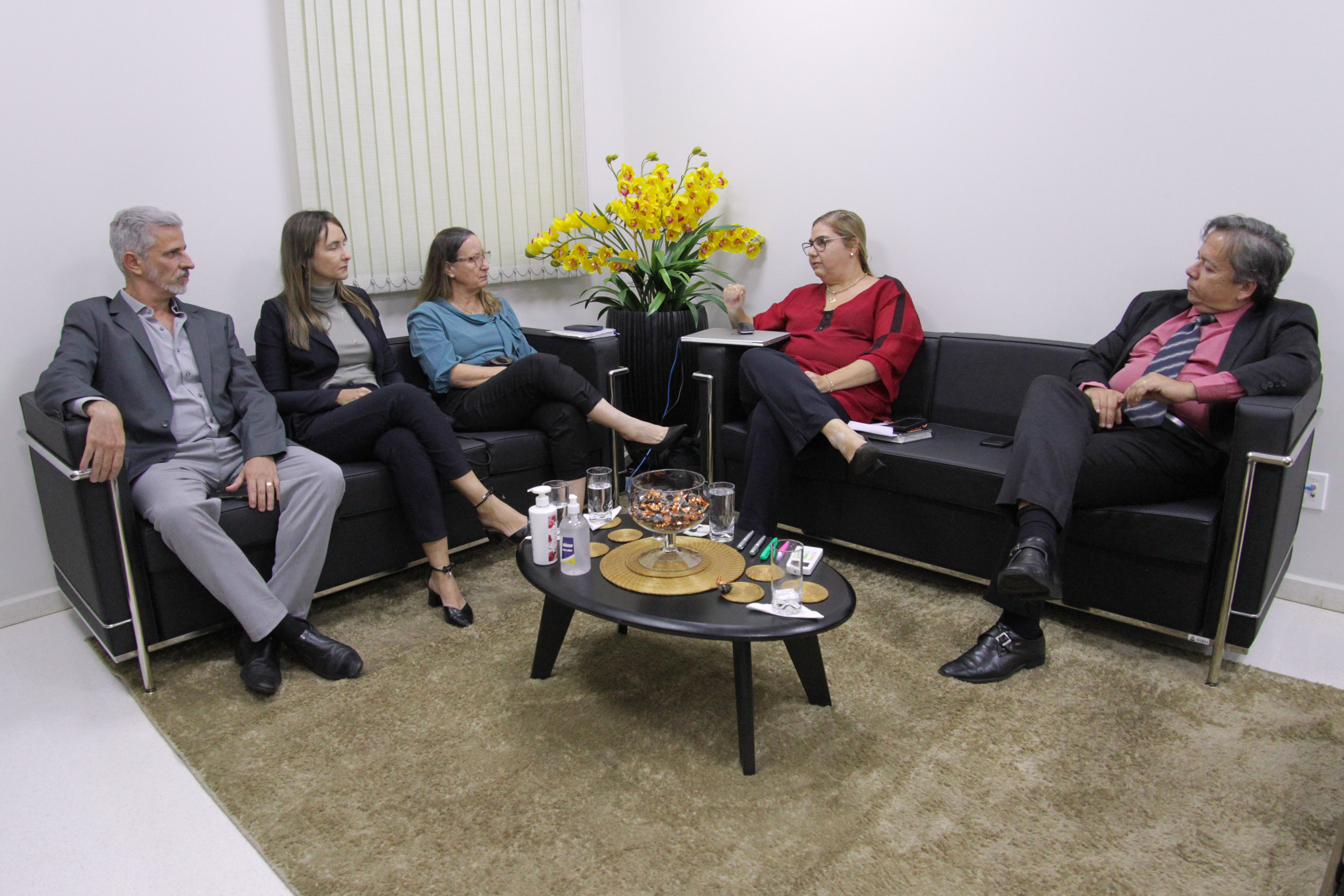 Fotografia colorida que mostra dois homens  brancos e terno e gravata, e duas mulheres brancas que usam calça preta e blusas coloridas, sentados em um sofá conversando