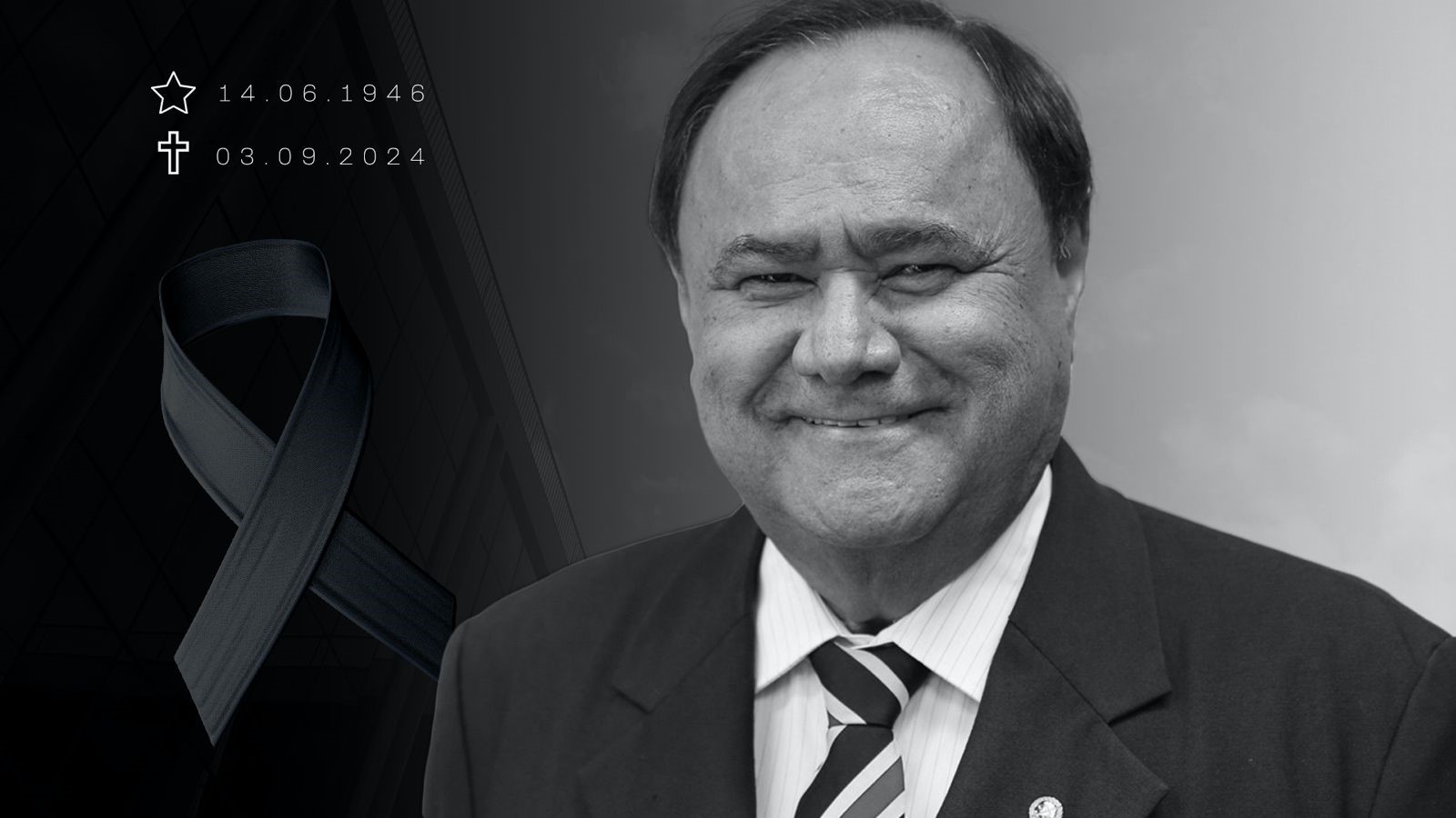 Foto do desembargador Moura Filho, em preto e branco; ele está sorrindo; ao lado símbolo de luto