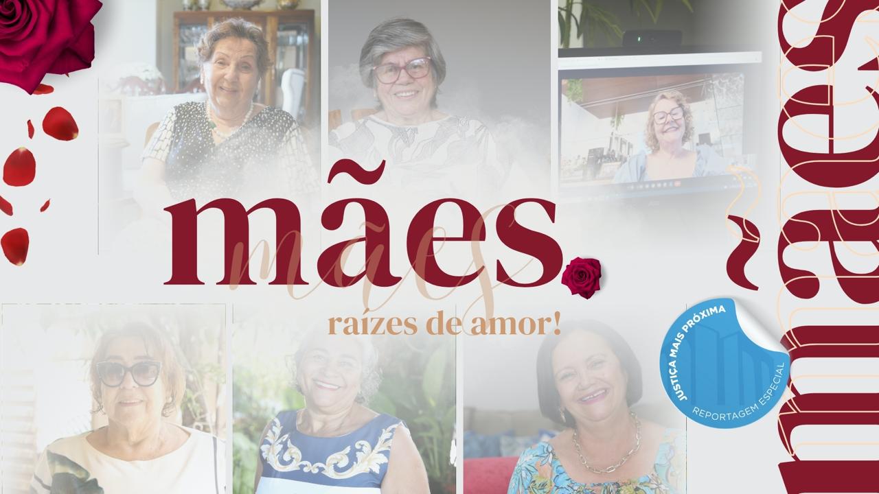 Montagem com fotos de seis mulheres e dizeres sobre o Dia das Mães em vermelho, com uma rosa vermelha no canto superior esquerdo