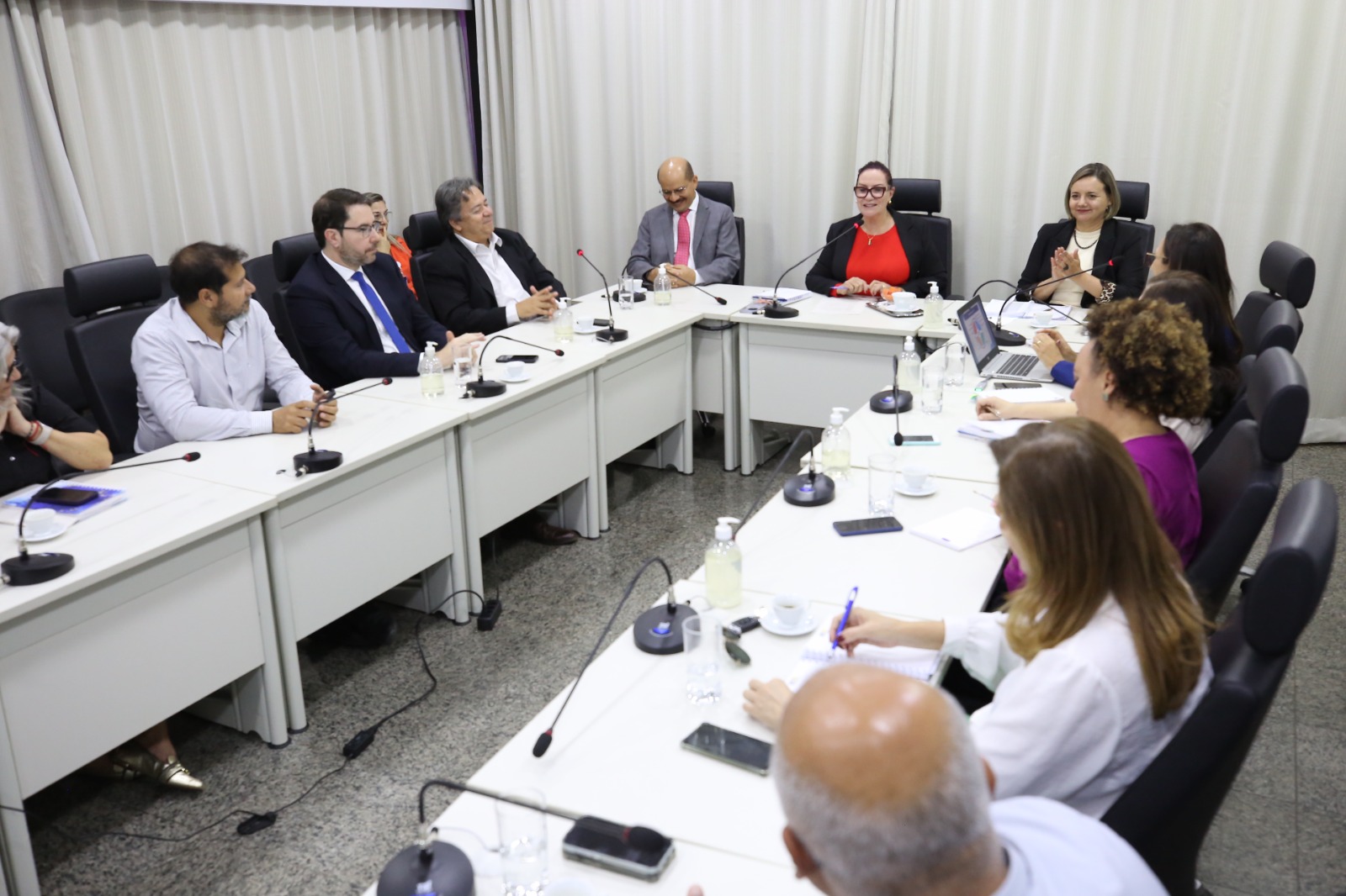 Em uma sala de reuniões, mesas e cortinas brancas, a presidente do TJTO ao centro, reunida com diretores e equipe 