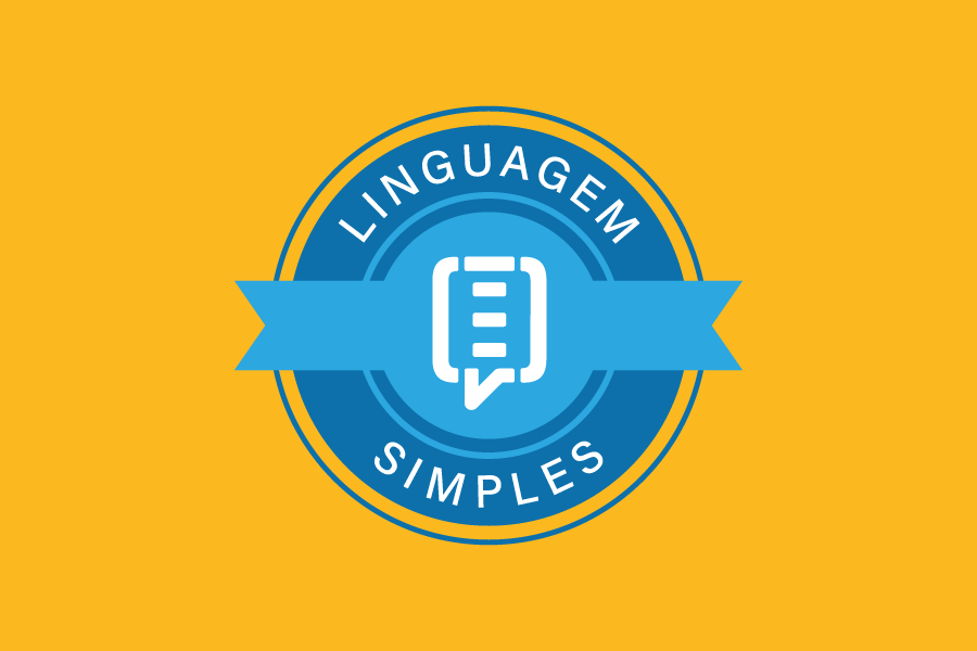 Imagem colorida (azul e amarelo) com um selo redondo no centro, e os dizeres "linguagem simples" escrito nele 