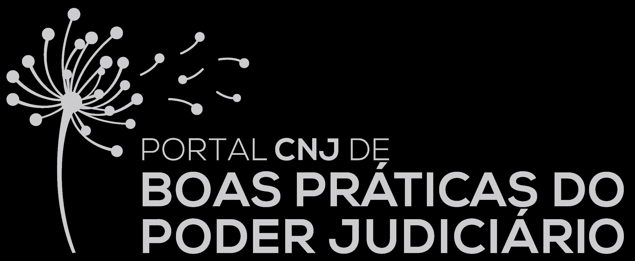 Imagem em fundo escuro com os seguintes dizeres em fonte branca: Portal CNJ de Boas Práticas do Poder Judiciário; à esquerda um desenho de uma planta com algumas partículas como se tivesse sendo levadas ao vento