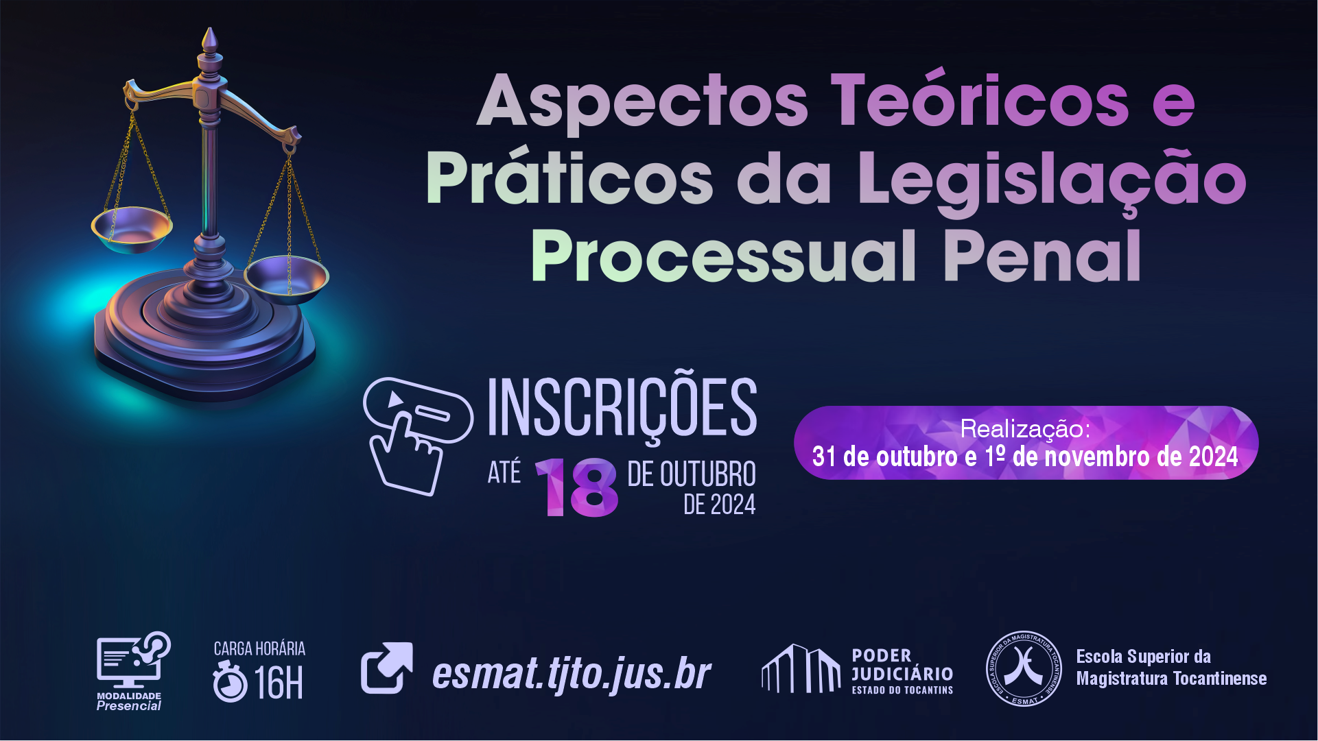 Arte com a imagem da balança da justiça e o nome do curso; as cores são lilás e azul