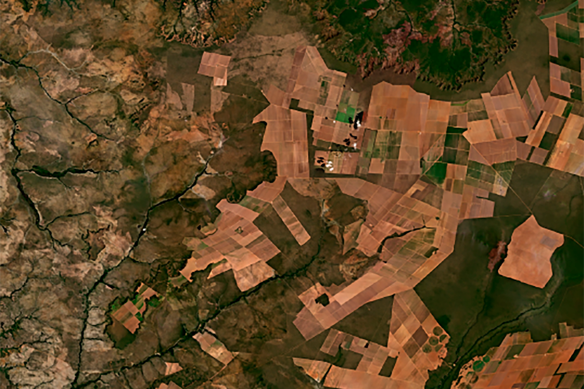 Fotografia colorida de um mapa de campos naturais com algumas fazendas visto de cima 