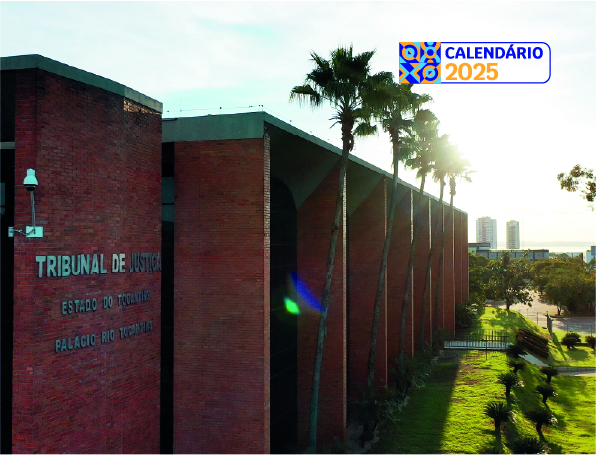 Foto mostra a lateral da sede do TJTO; prédio de tijolinho à vista com o nome do Tribunal escrito com letras prateadas