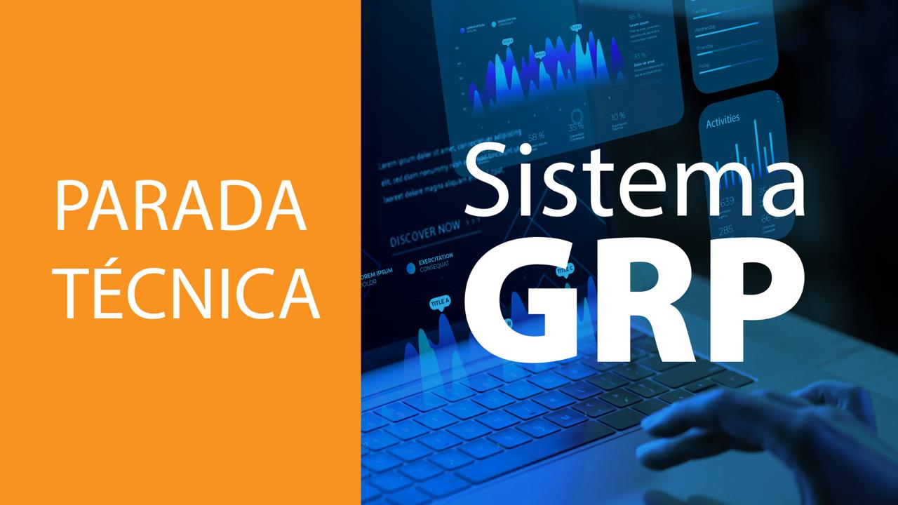 A imagem apresenta um cartaz com a frase “Parada Técnica Sistema GRP”, dividido em duas seções bem definidas. À esquerda, o fundo é predominantemente amarelo, enquanto à direita predomina uma paleta de diversos tons de azul. No lado direito, uma mão é vista digitando em um laptop, com gráficos, indicadores e diferentes tipos de dados sobrepostos na tela, sugerindo interação com informações tecnológicas e análise de dados.