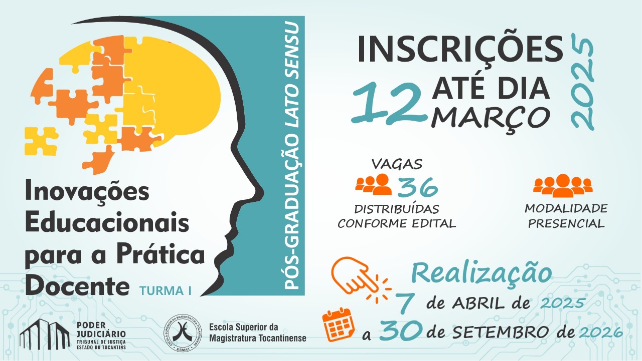 Este é um anúncio de um programa de pós-graduação lato sensu, focando em inovações educacionais para a prática docente.  O texto descreve as inscrições abertas até o dia 12 de março de 2025, com 36 vagas e modalidade presencial, com início em 7 de abril de 2025 e término em 30 de setembro de 2026.