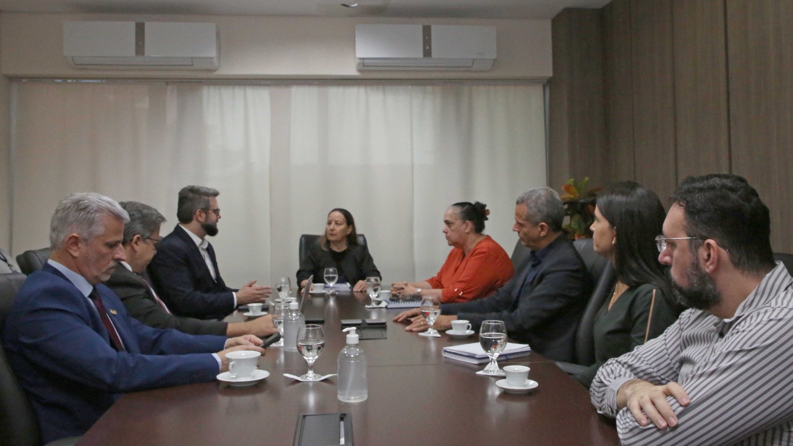 Homens e mulheres sentados ao redor de mesa de madeira durante reunião em sala de parede revestida de madeira. Ao fundo, parede com cortina bege