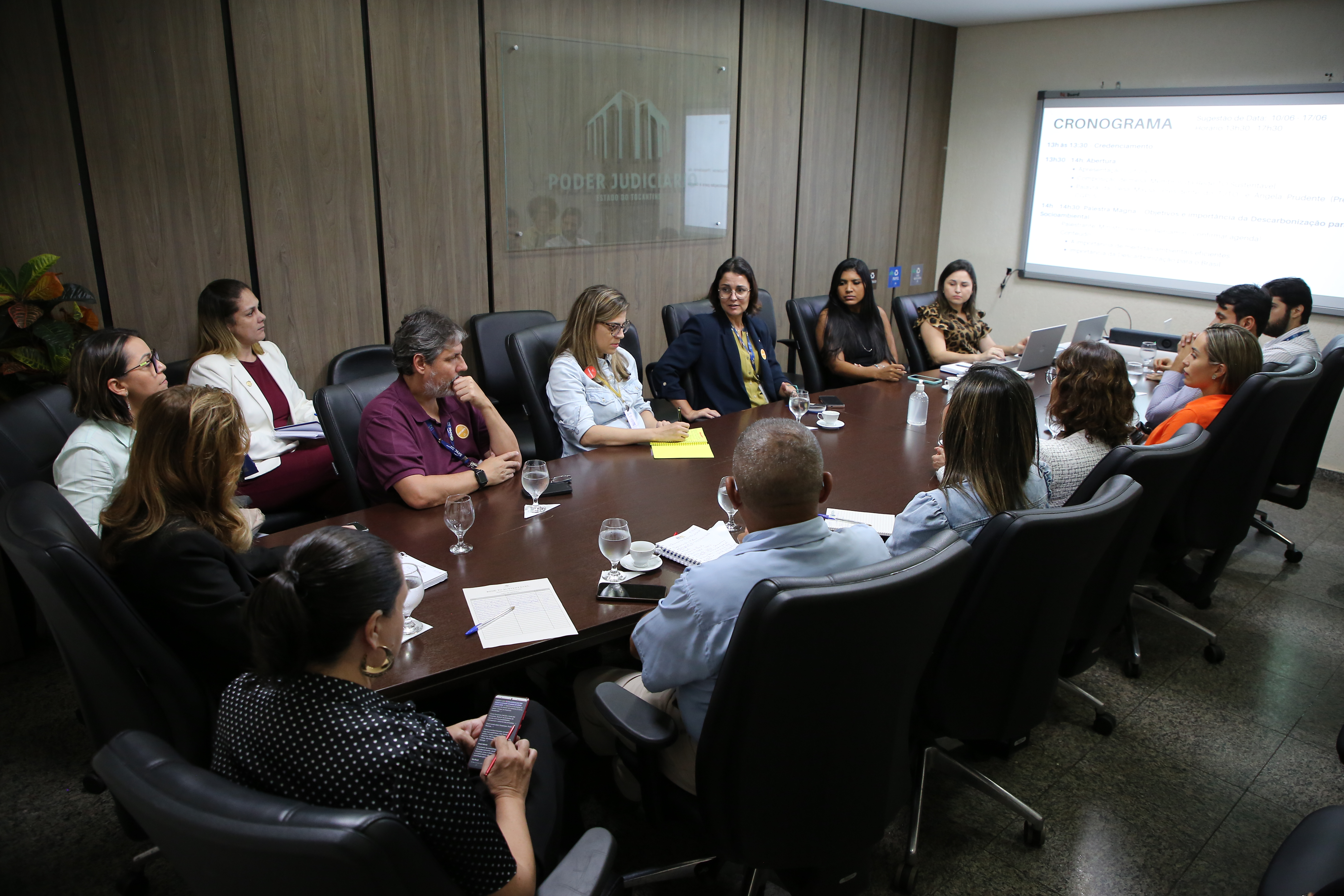 Homens e mulheres sentados ao redor de mesa de madeira durante reunião em sala de parede revestida de madeira. Ao fundo, telão projeta tema da reunião, sustentabilidade