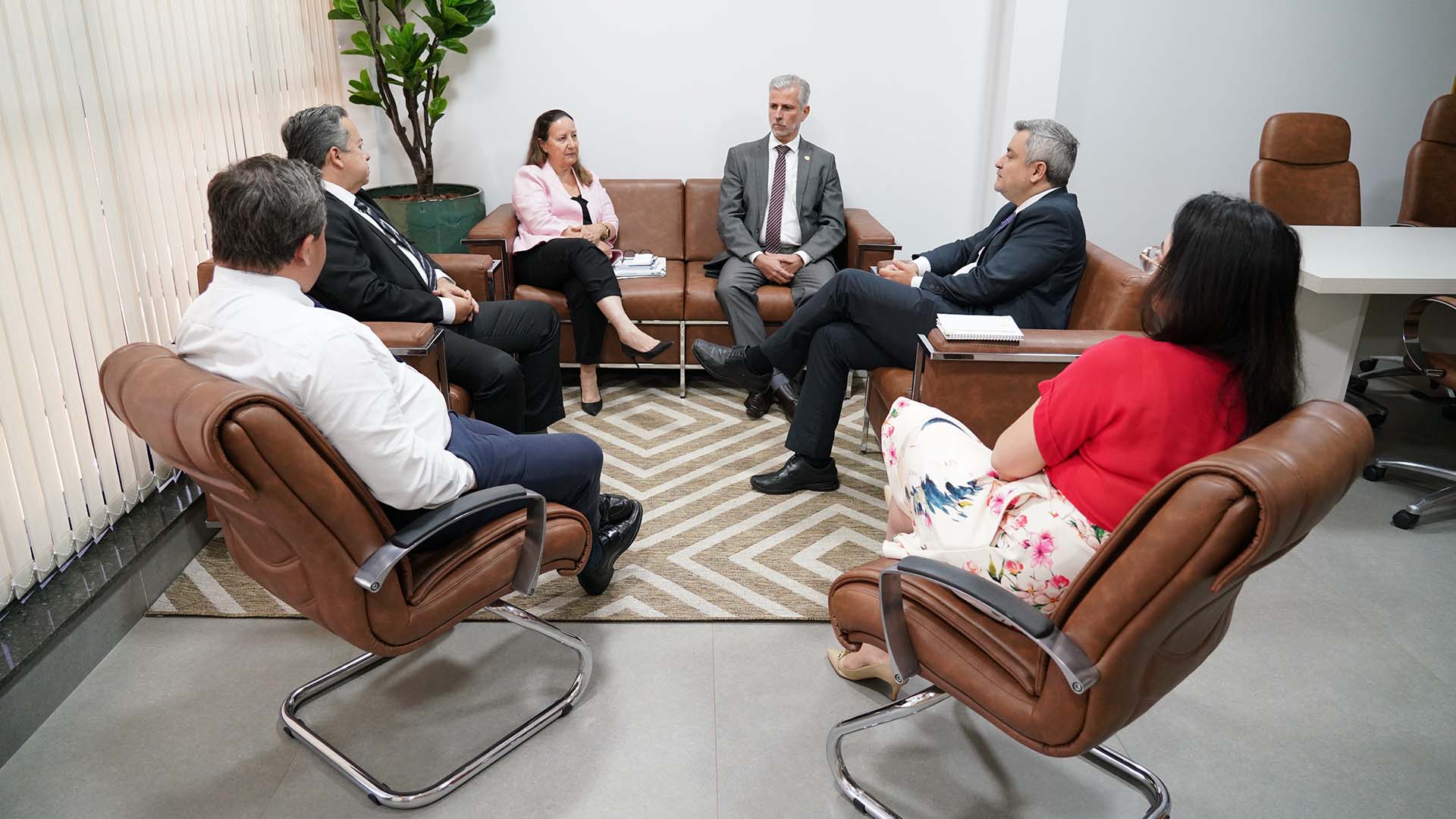 Imagem mostra uma reunião com seis pessoas sentadas em cadeiras e sofás em círculo em uma sala.