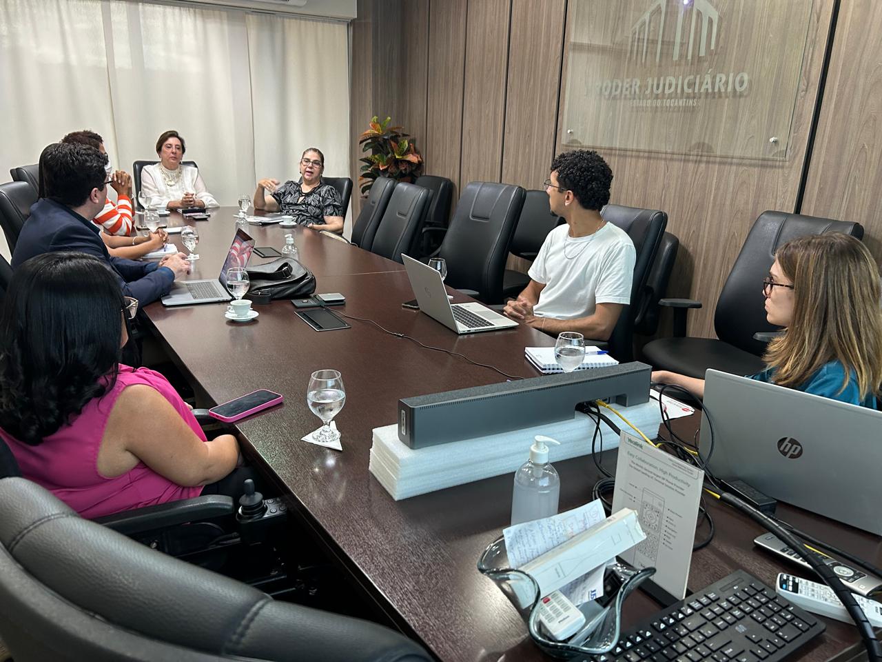 Na imagem aparecem sete pessoas sentadas em volta de uma mesa que está dentro da sala de reuniões do Tribunal de Justiça do Tocantins.