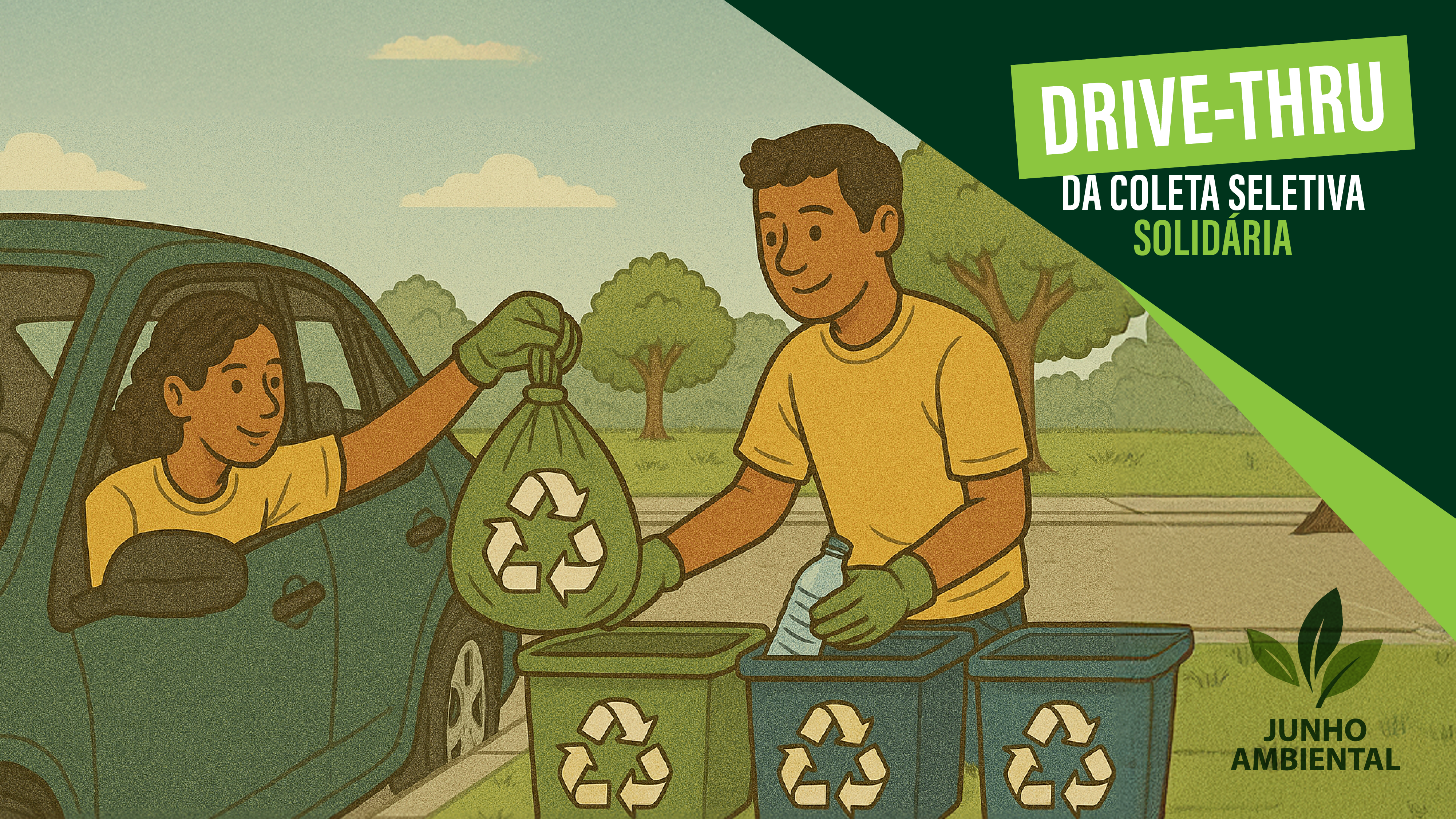 Imagem em estilo desenho; motra uma pessoa dentro de um carro colocando uma sacola com o símbolo de reciclagem dentro de caixas e outra pessoa recebendo; na parte superior à direita os dizeres: Drive-Thru da Coleta Seletiva Solidária