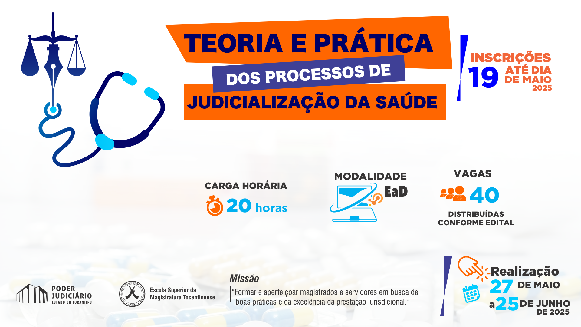 A imagem mostra o anúncio para um curso online sobre Judicialização da Saúde, com informações sobre carga horária, vagas, inscrições, e data de realização.