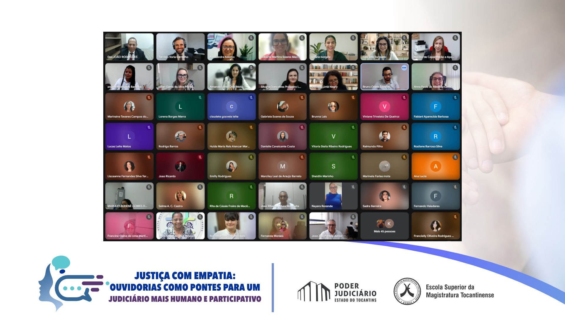 Print de tela de palestra virtual com diversas pessoas online assistindo palestra sobre ouvidoria judiciária