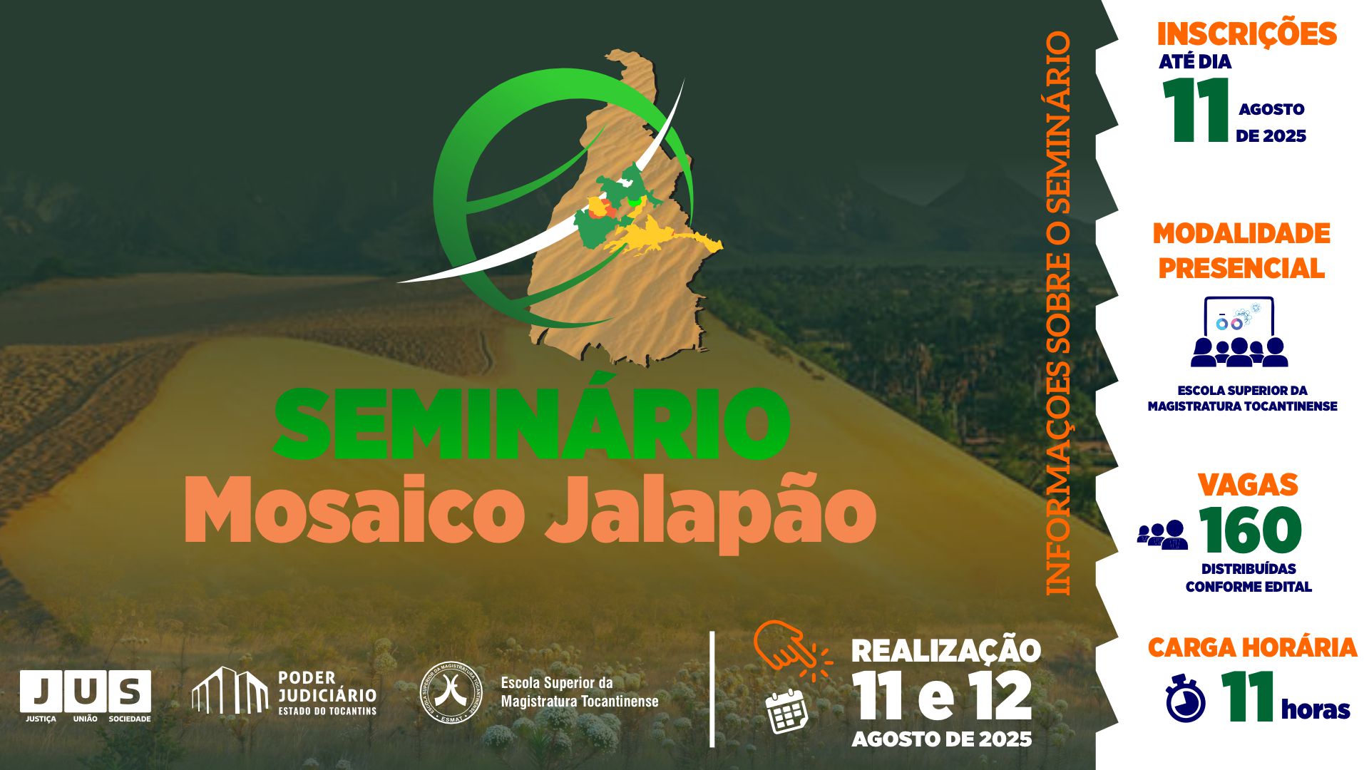 A imagem mostra o card do Seminário Mosaico Jalapão, com informações sobre inscrições, datas, vagas e carga horária.