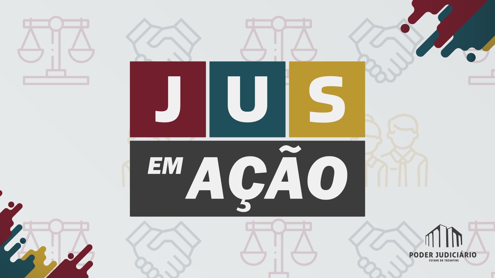 Arte gráfica com a frase "JUS EM AÇÃO" em cores e formas distintas (vermelho, azul-petróleo, amarelo e cinza escuro), com ícones e elementos relacionados à justiça.