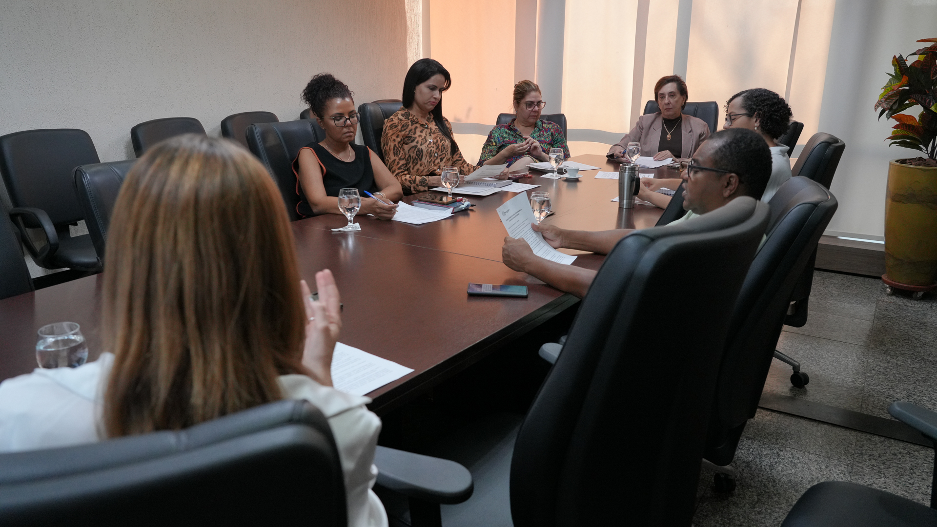 Homens e mulheres sentados ao redor de mesa de madeira durante reunião em sala de parede revestida de madeira. Ao fundo, parede com cortina bege