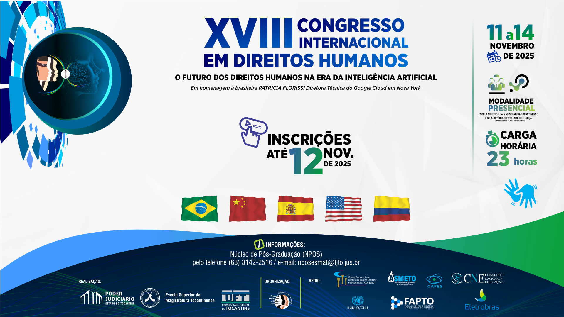 Imagem em fundo branco com informações sobre congresso internacional de direitos humanos. Também há bandeiras de países participantes, como Brasil, China, Espanha, Estados Unidos e Colômbia.