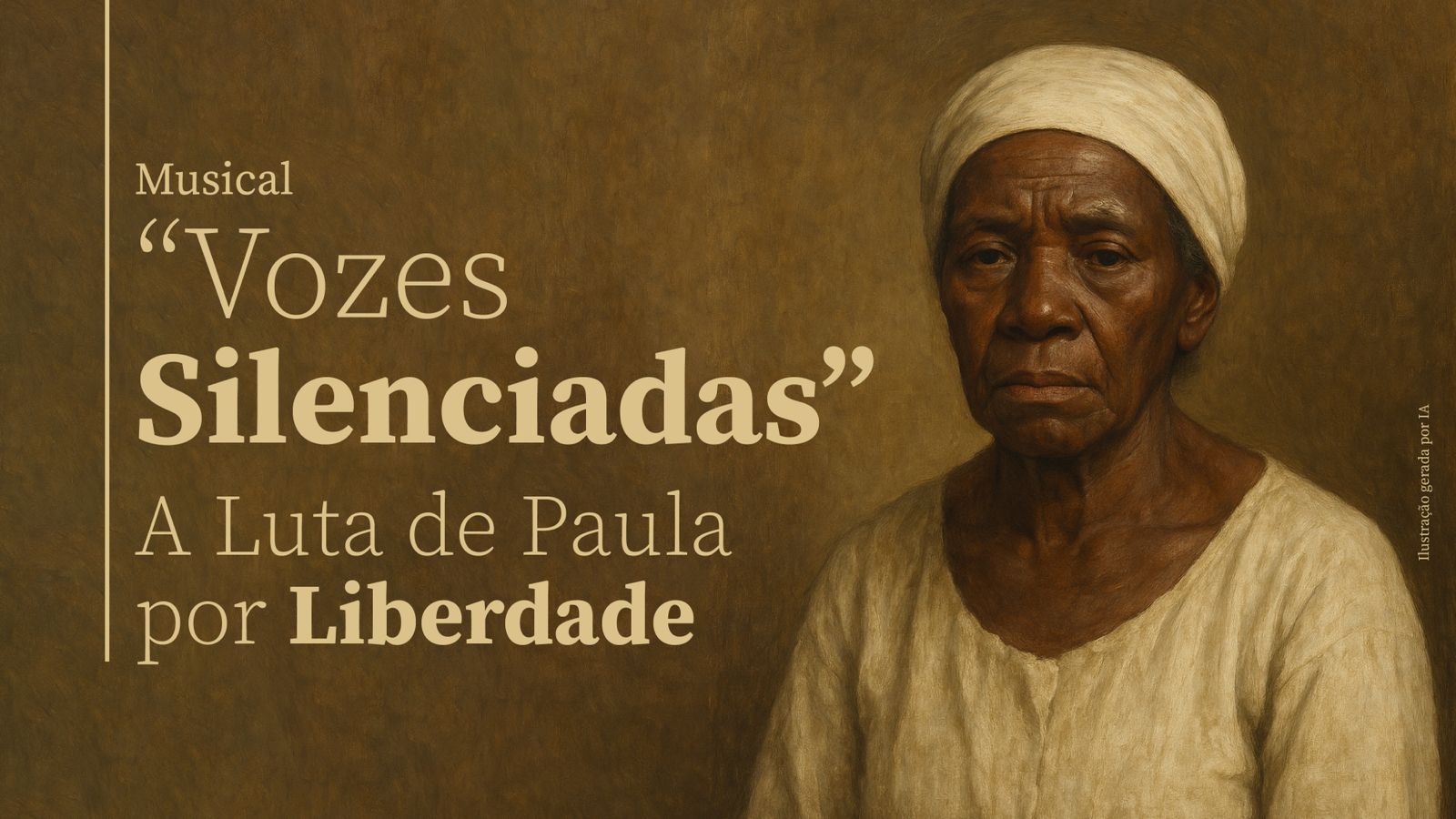 A imagem mostra uma ilustração de uma mulher negra idosa, com expressão séria, vestindo roupas simples em tom claro e um pano branco cobrindo a cabeça. À esquerda, sobre fundo marrom, aparecem os dizeres: “Musical ‘Vozes Silenciadas’ – A Luta de Paula por Liberdade”. No canto direito, há a indicação “ilustração gerada por IA”.