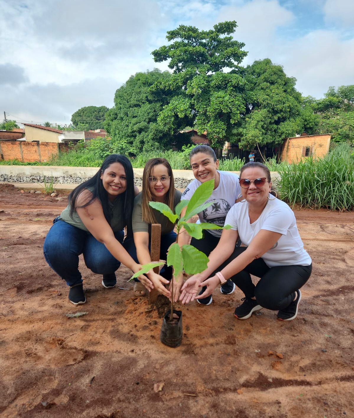 A foto mostra quatro mulheres agachadas ao redor de uma muda ainda no saquinho, posicionada sobre a terra. Elas sorriem para a câmera enquanto seguram ou apoiam a planta. Ao fundo, há vegetação, árvores e algumas construções. A cena ocorre em área de solo exposto, em ambiente externo.