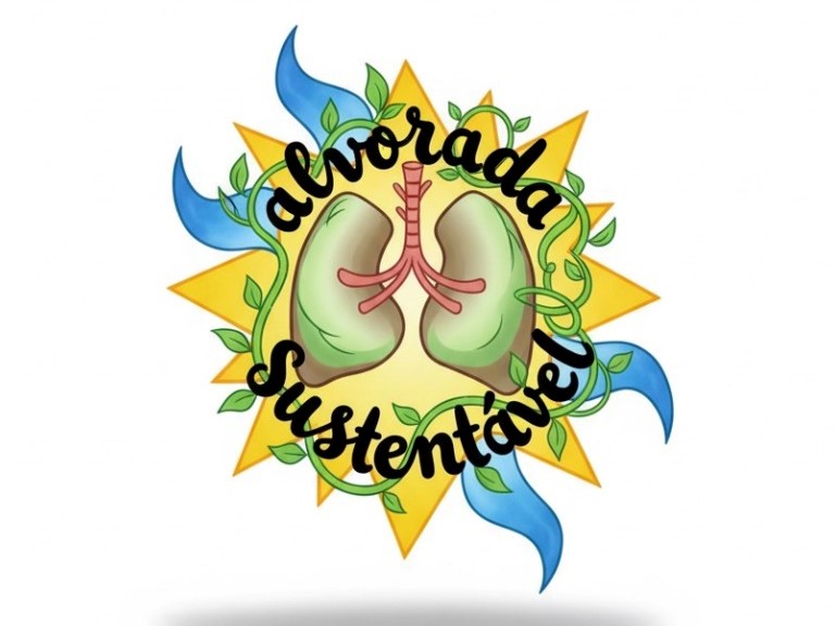 Imagem com o selo “Alvorada Sustentável”, unindo pulmões ao sol, folhas e água, simbolizando vida, saúde e natureza.