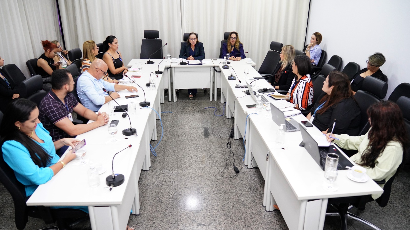 Sala de reunião com mesas dispostas em formato de “U”, onde cerca de 15 pessoas participam de um encontro. Ao centro, a desembargadora Ângela Prudente ocupa a posição principal da mesa. Os participantes estão sentados, alguns com notebooks abertos, celulares e blocos de anotação. Há microfones individuais sobre as mesas, copos de água e garrafas. O ambiente possui paredes claras, cortinas ao fundo e piso em granito.