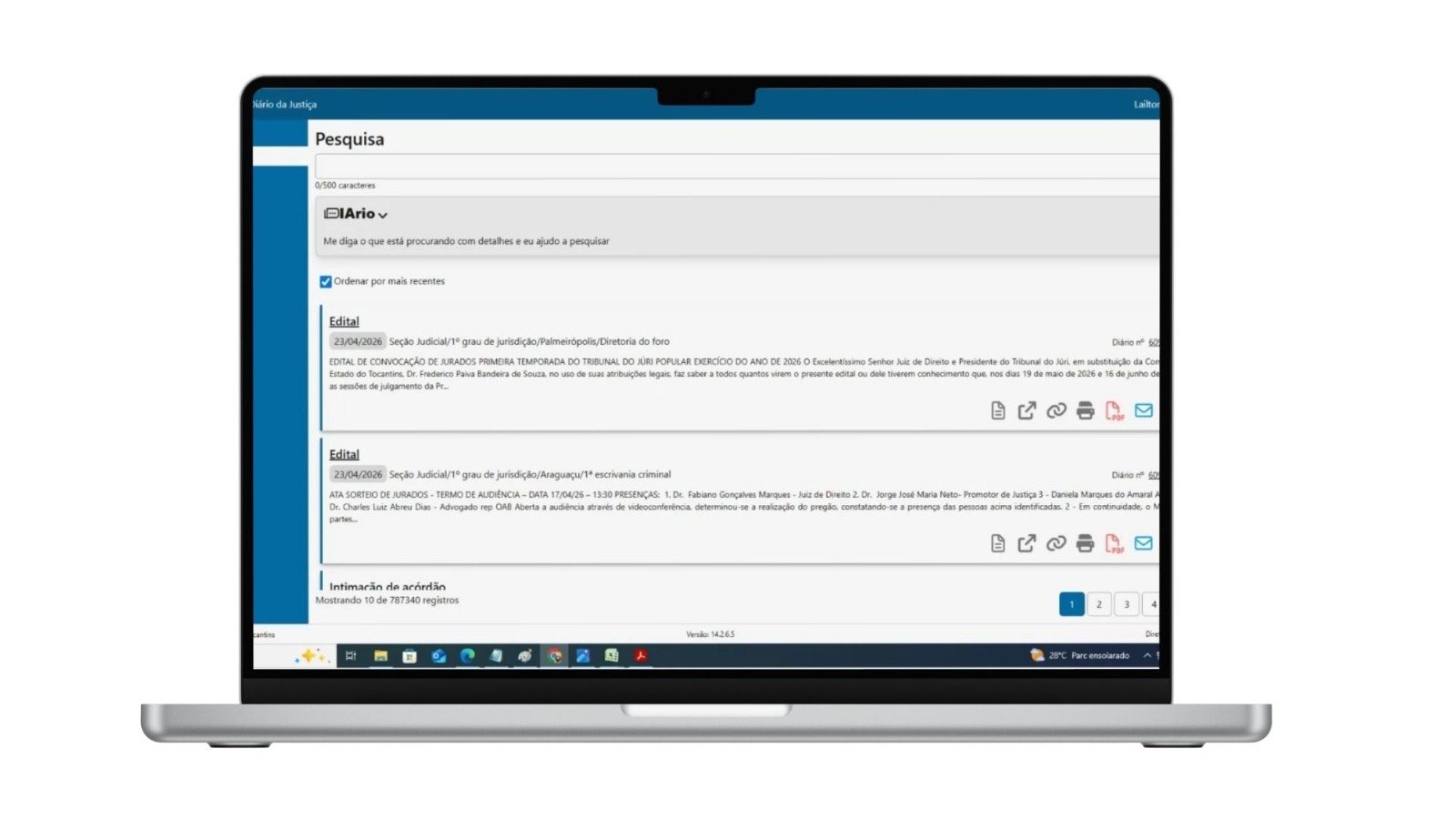 Imagem ilustrativa com a capa do novo diário da Justiça em uma tela de notebook
