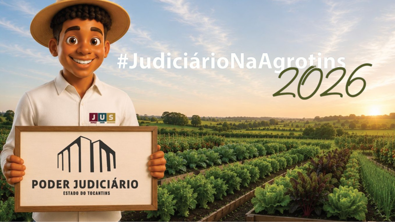 Arte do Judiciário na Agrotins 2026 com personagem animado segurando placa do Poder Judiciário do Tocantins em cenário rural com plantação ao fundo.
