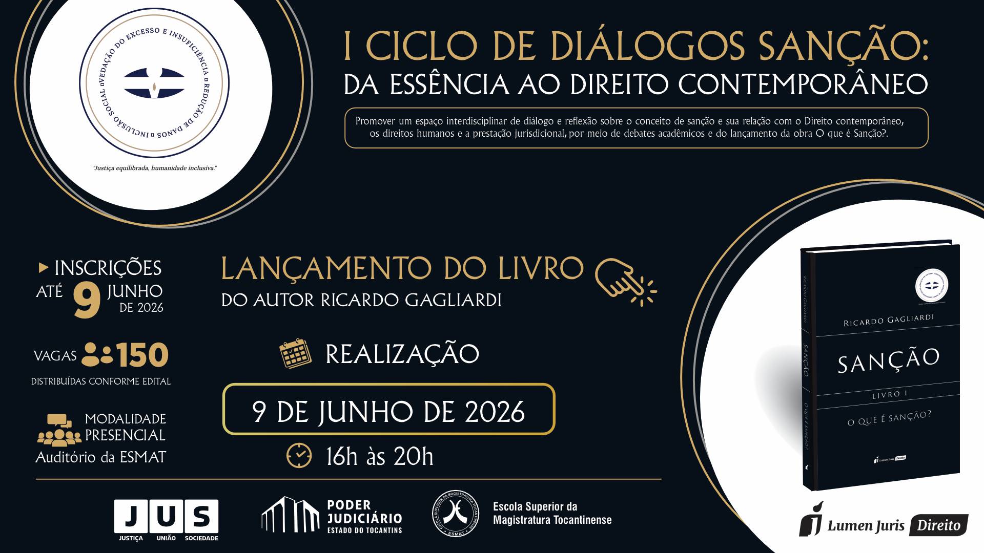A imagem mostra o card de divulgação do I Ciclo de Diálogos Sanção: da essência ao direito conteporâneo e do lançamento do livro do autor Ricardo Gagliardi. 