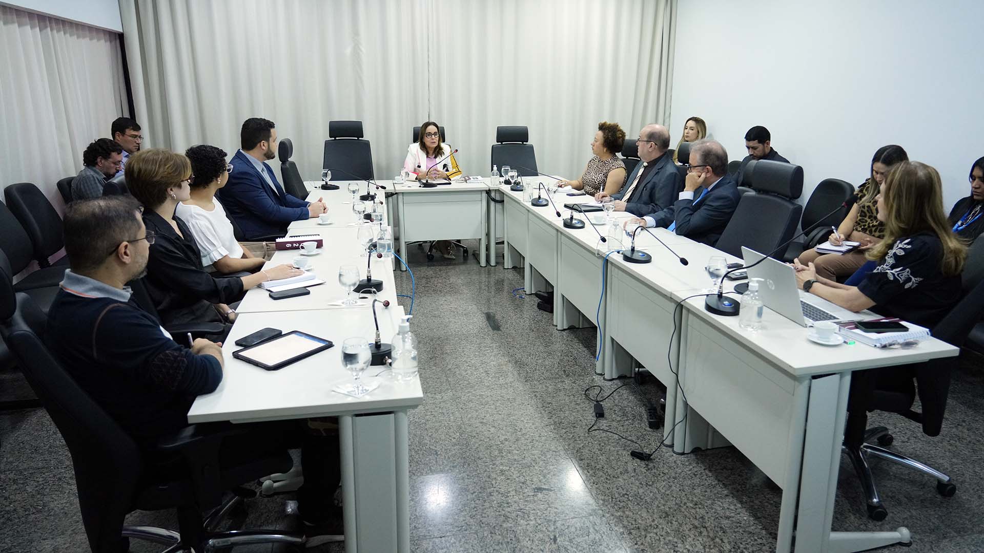 A imagem mostra uma reunião da Comissão Gestora do Plano de Logística Sustentável (CGPLS) e a Coordenadoria de Gestão Socioambiental e de Responsabilidade Social (Cogersa)l em uma sala do Tribunal de Justiça, com autoridades e servidores sentados ao redor de mesas em formato de “U”. Ao centro, a desembargadora Ângela Prudente conduz o encontro, enquanto os participantes acompanham atentamente, com documentos, notebooks e microfones à disposição.