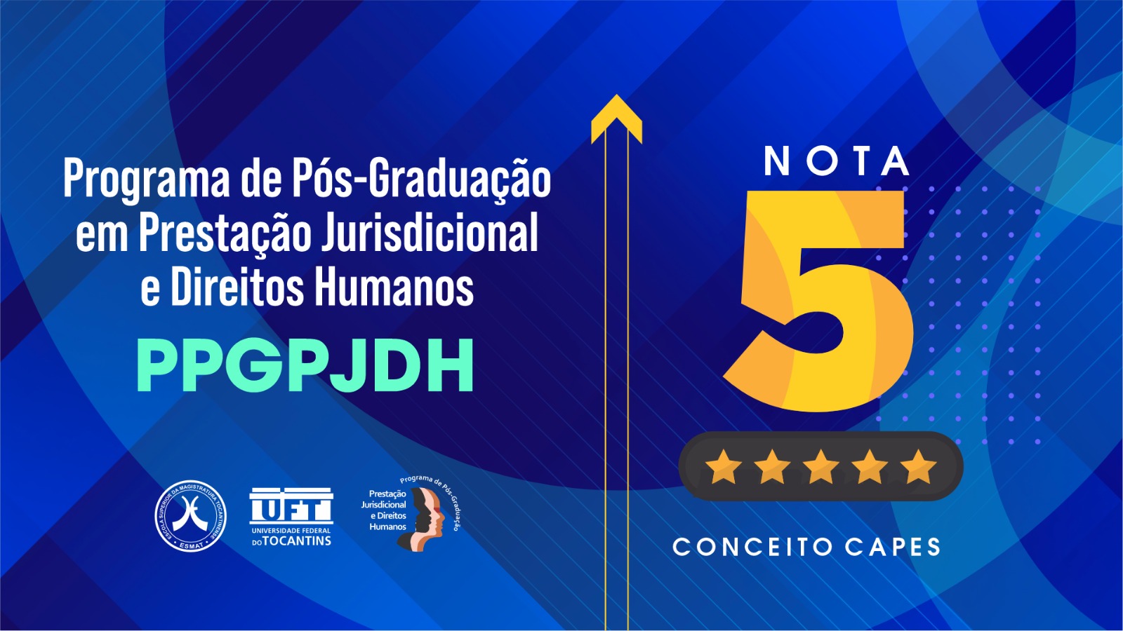 A imagem é uma arte institucional em tons predominantes de azul, com elementos gráficos modernos e geométricos. À esquerda, lê-se o texto: “Programa de Pós-Graduação em Prestação Jurisdicional e Direitos Humanos”, seguido da sigla PPGPJDH, destacada em verde-claro.  Na parte inferior esquerda aparecem os logotipos da ESMAT, da Universidade Federal do Tocantins (UFT) e do próprio programa de pós-graduação.  À direita, em destaque, aparece o texto “NOTA 5”. Na base, está a inscrição “Conceito Capes”, indicando a avaliação máxima atribuída ao programa.