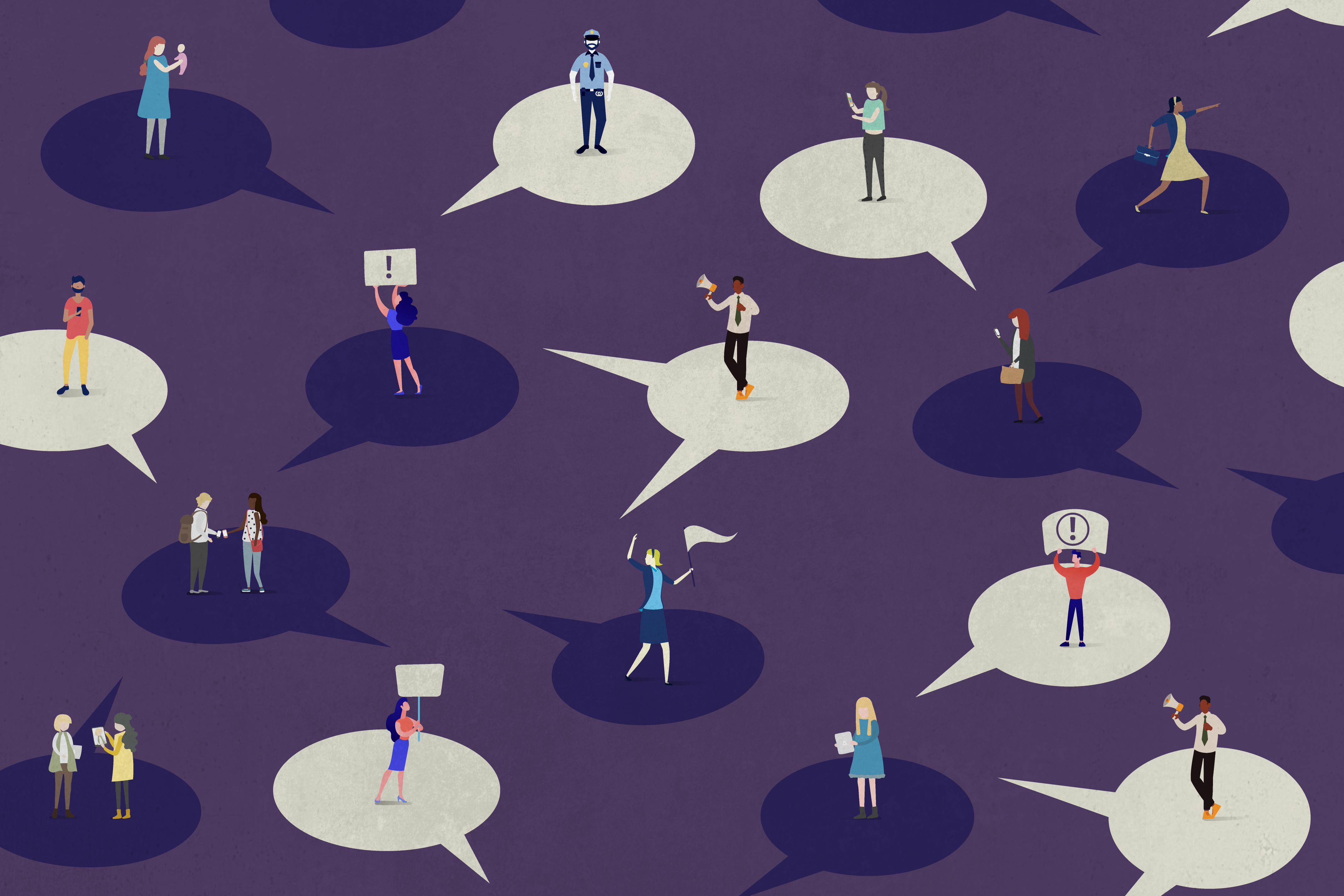A imagem mostra várias pessoas espalhadas sobre balões de fala em um fundo roxo. Algumas seguram cartazes, outras usam celular ou megafone, simbolizando diferentes vozes
