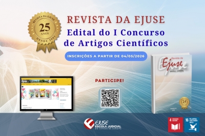 Banner em fundo degradê bege e azul de divulgação do Edital do I Concurso de Artigos Científicos da Revista da EJUSE