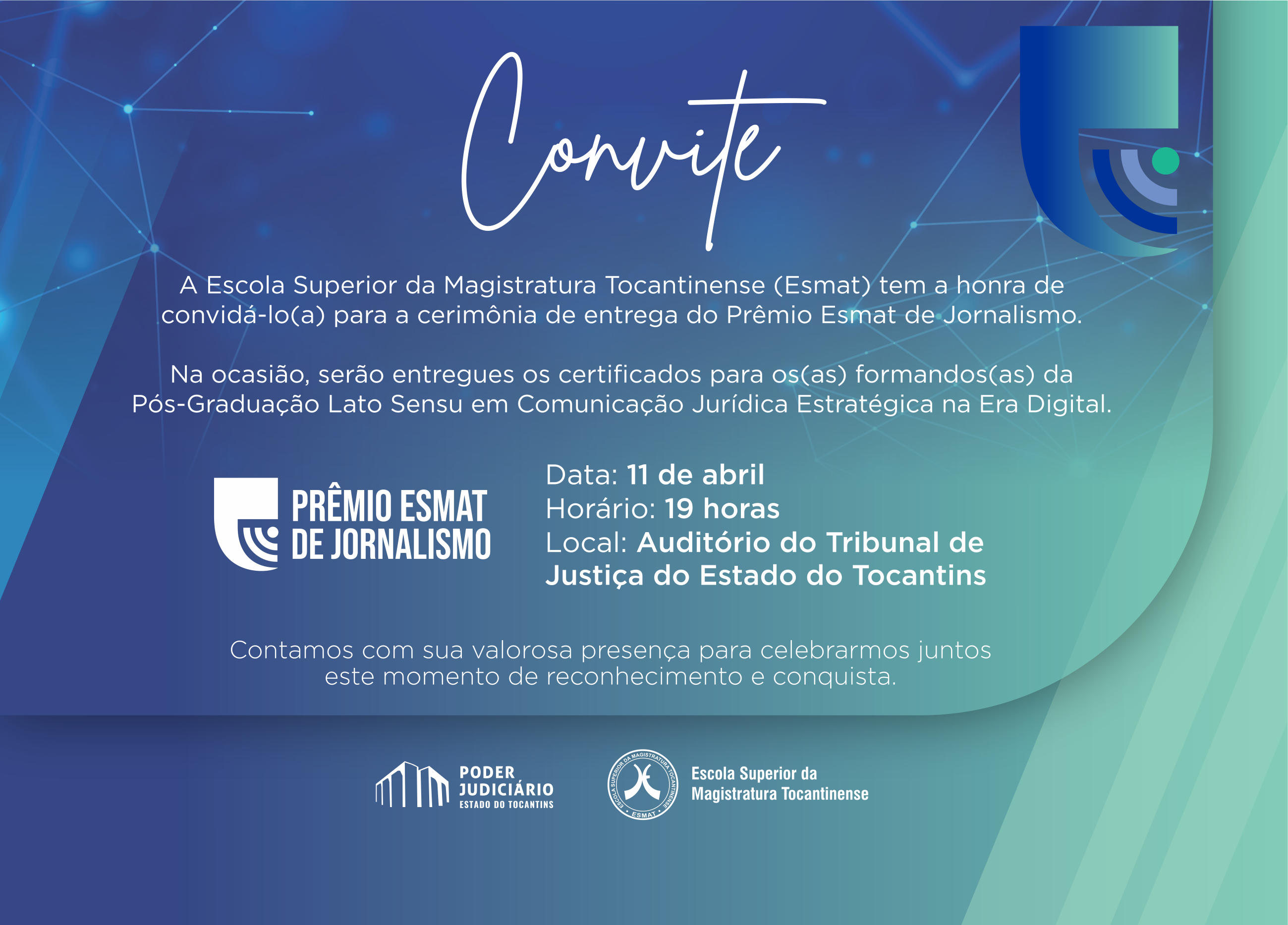 Arte em azul e verde água em convite para o prêmio de jornalismo 2024 da ESMAT