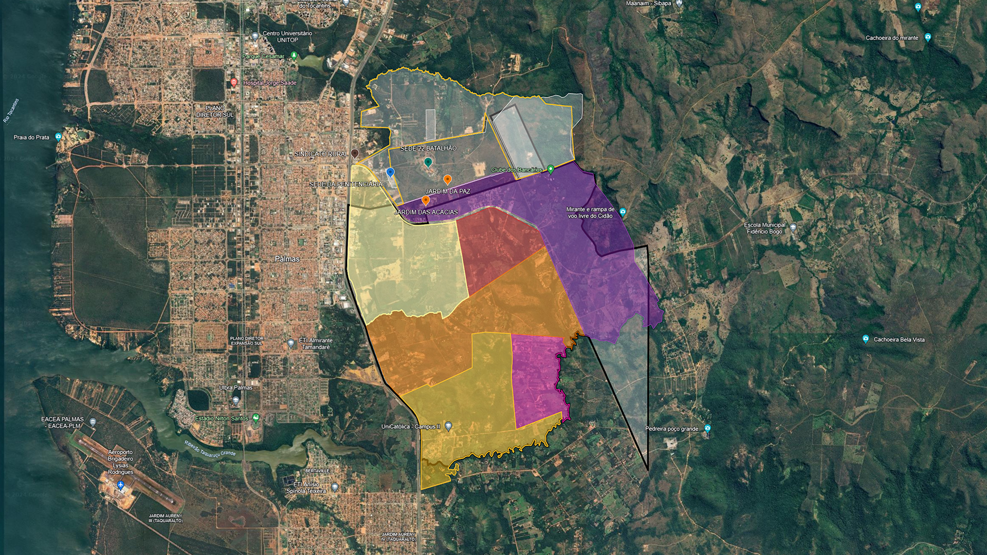 Captura de tela com imagem de um mapa verde dos loteamentos Coqueirinho e Tiúba com parte pintada de amarelo, rosa, roxo, verde e laranja