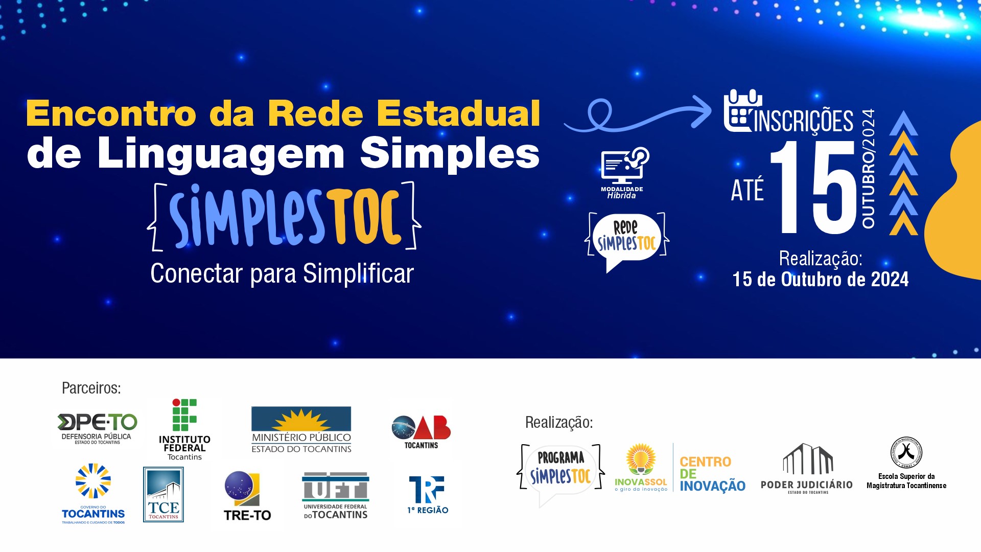 Imagem ilustrativa de fundo azul, incluindo patrocinadores e parceiros do "Encontro da Rede Estadual de Linguagem Simples'.