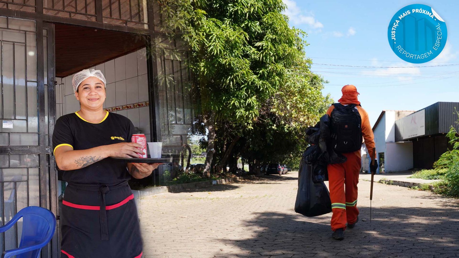 Imagem fundida com os dois personagens da matéria: uma jovem de 33 anos, morena clara, que está usando touca no calebo e uniforme preto; e um jovem senhor de 38 anos que está de costa, caminhando na rua usando seu uniforme de trabalho, na cor laranja, e com uma mochila preta nas costas e um saco preto de lixo na mão esqueda. 