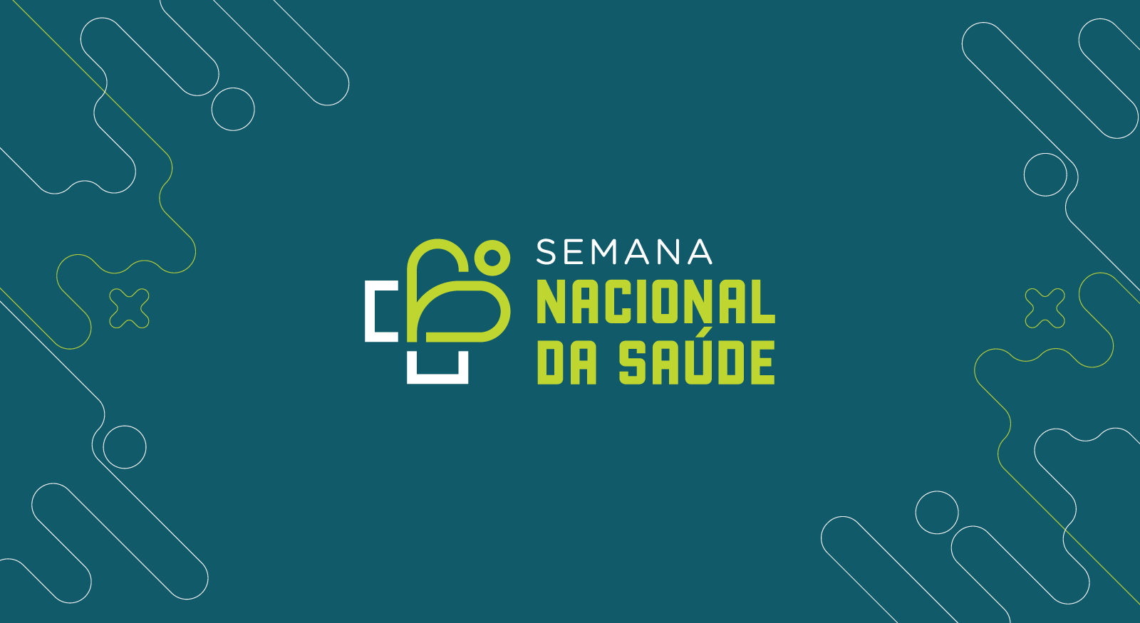 Design gráfico da Semana Nacional da Saúde. A imagem apresenta um logotipo verde e branco com uma ilustração de um símbolo e texto sobre o tema.