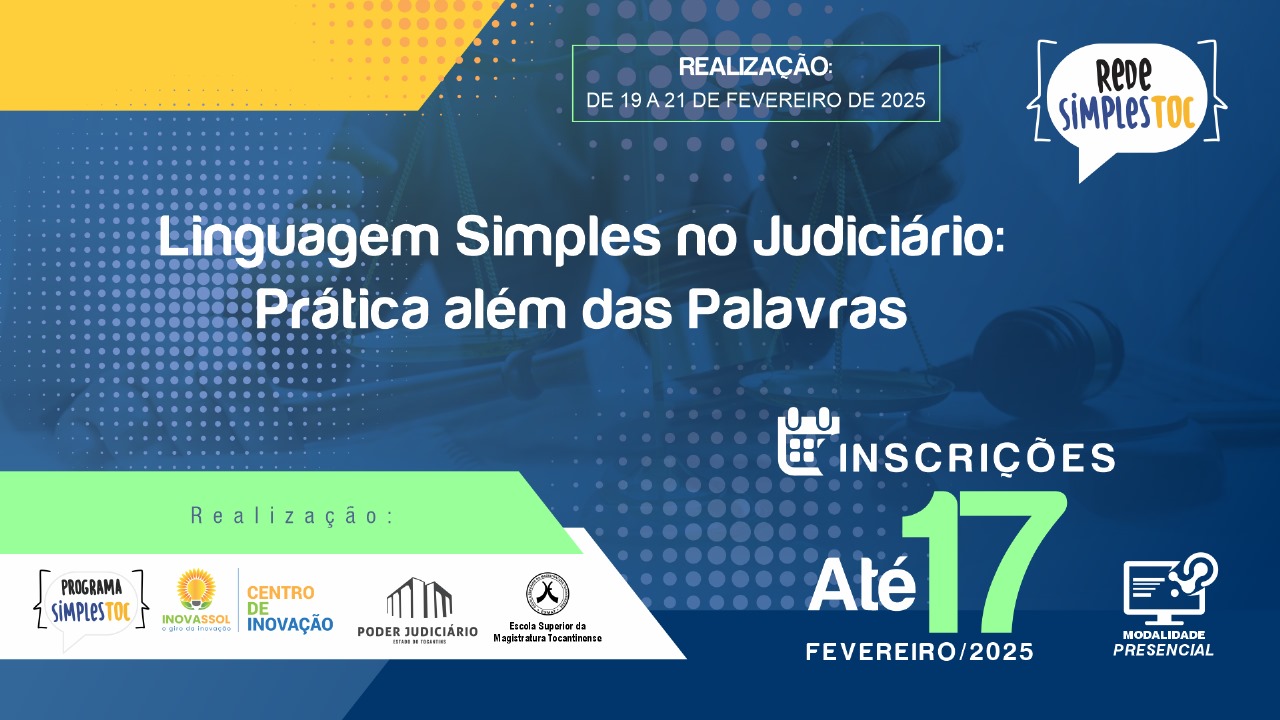 Imagem ilustrativa com informações sobre o evento de linguagem simples. Contém a data das inscrições e os apoiadores.