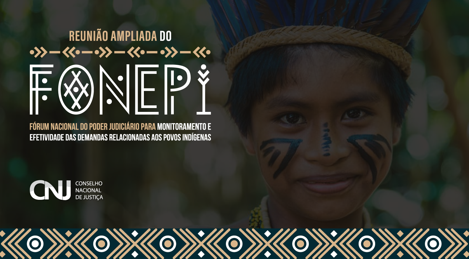imagem ilustrativa produzida pelo CNJ com a foto de indígena ao fundo e informações sobre evento sobrepostas à imagem